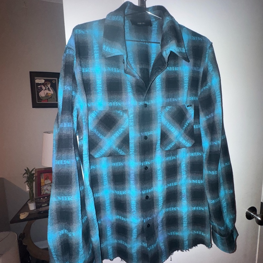 AMIRI Distressed Plaid Flannel Shirt – Blue/Black – Size XL